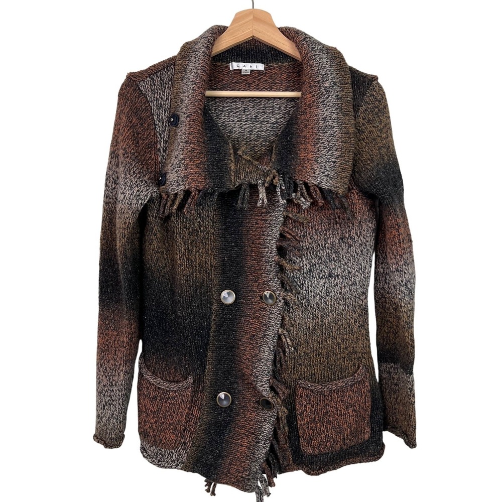 CAbi Women's Small Frontier Fringe Double Breasted Cardigan Sweater Silk Blend‎